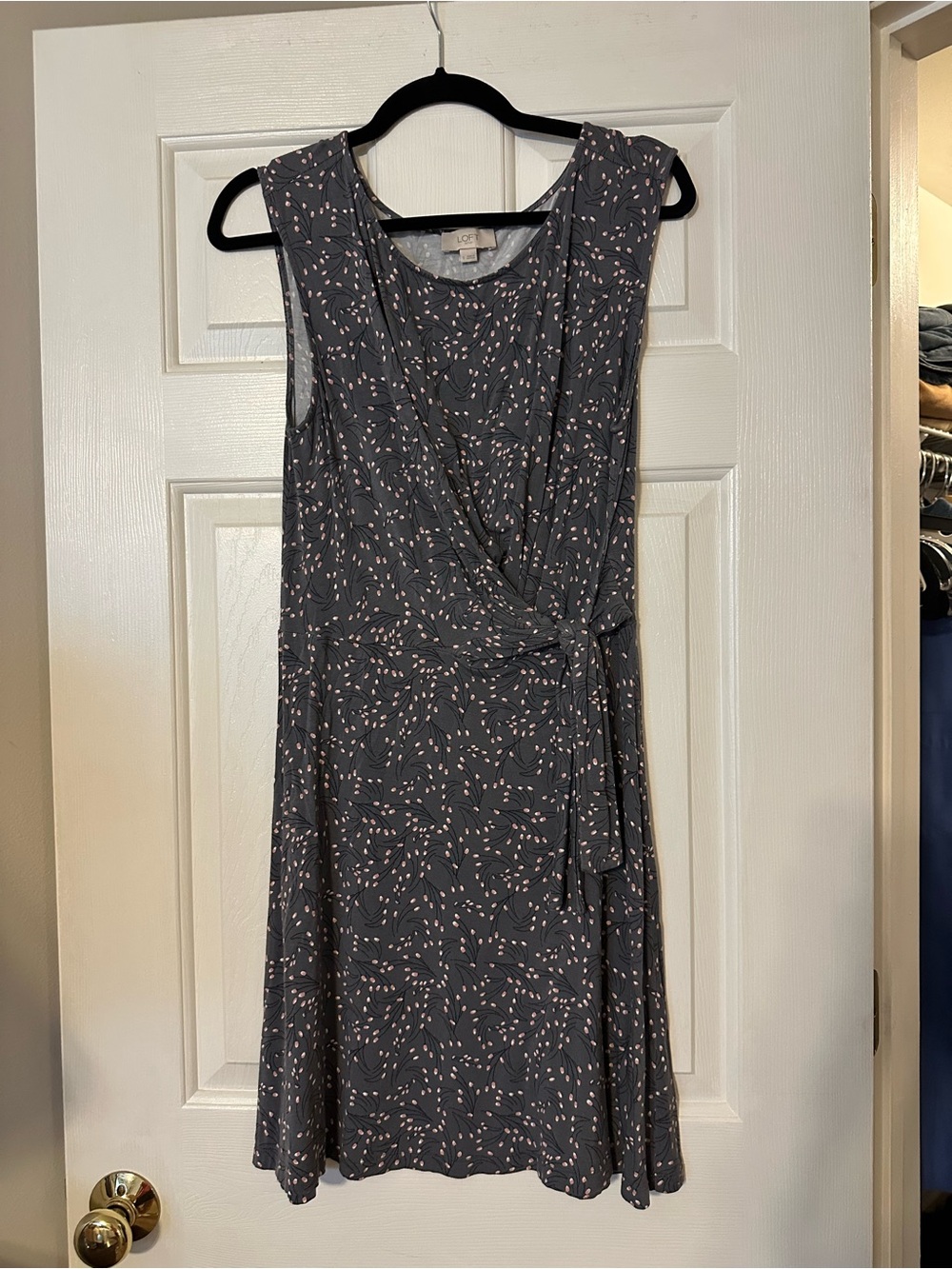 LOFT Gray Faux-Wrap Midi Dress with Pink Dot Print
